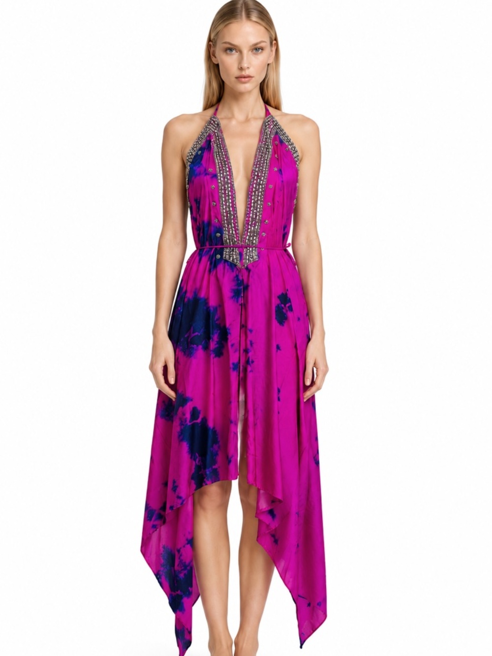 Designer Pink Navy Embellished Halter High Low Resort Cocktail Dress Wedding Gue